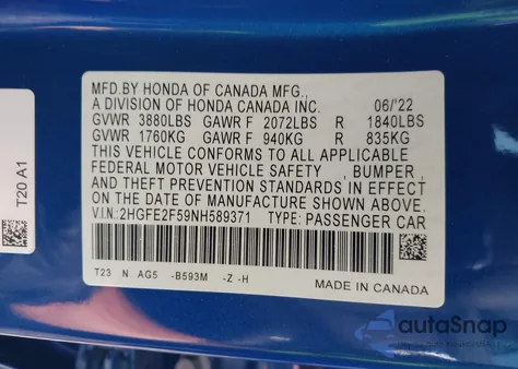 2022 Honda Civic Sport z USA, uszkodzony, nr VIN 2HGFE2F59NH589371